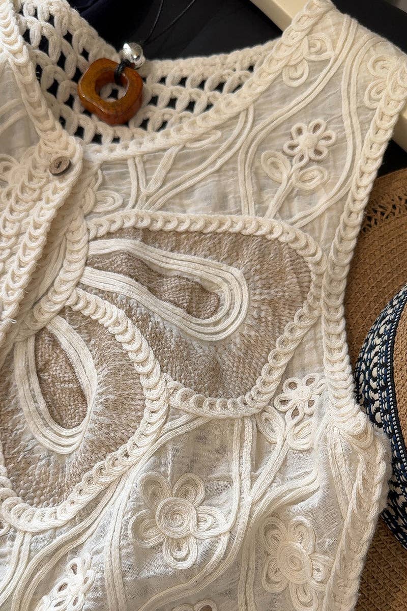 Buttoned Lace Top with Crochet Details: BEIGE / One Size
