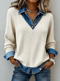 White Denim Collar False Two‑Piece Ribbed Long Sleeve Blouse