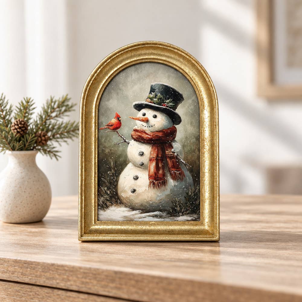 Gold Arch Framed Storybook Christmas Snowman Art Print