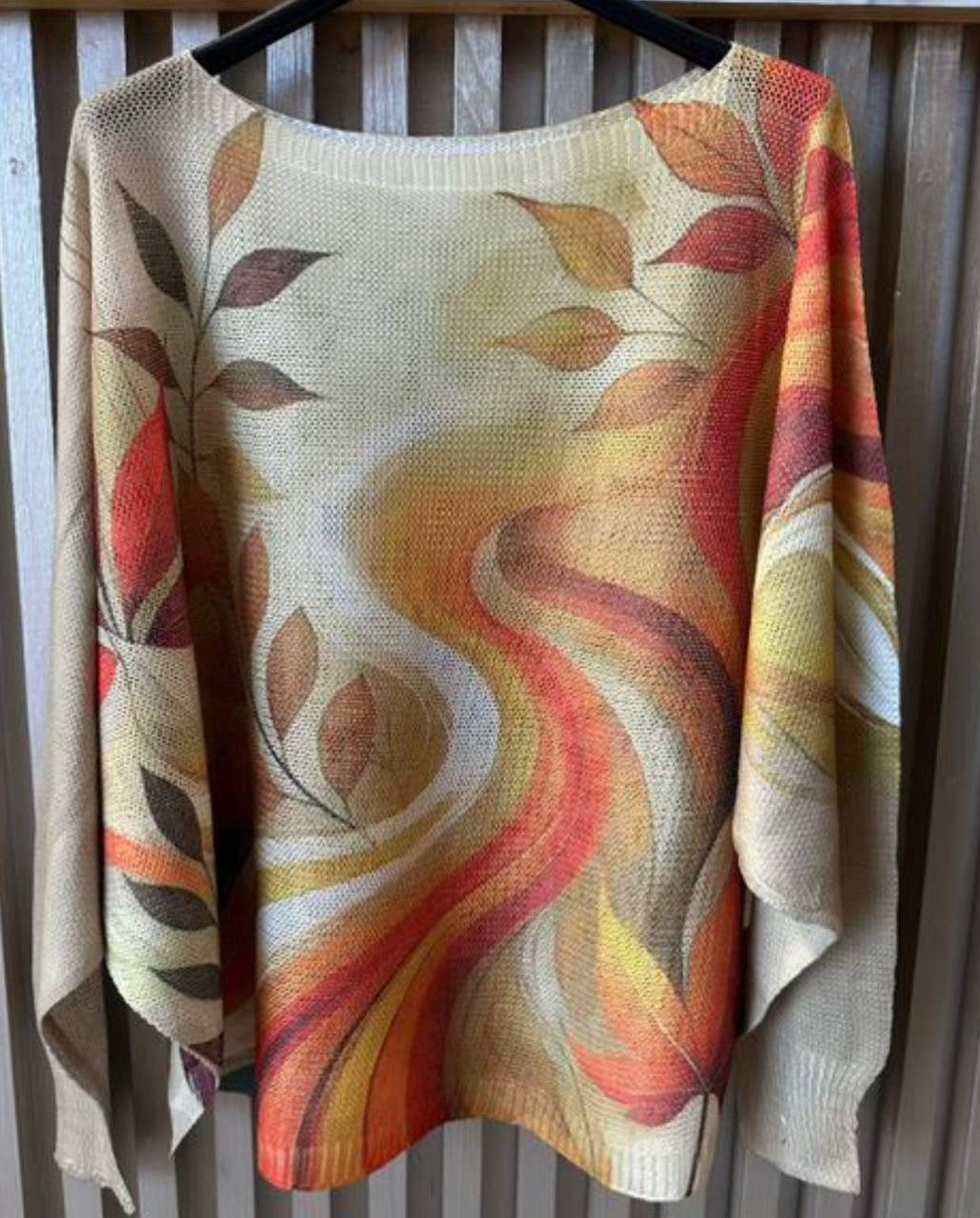 VI448 Cream Fall Leaves Round Neck Knit Printed Sweater