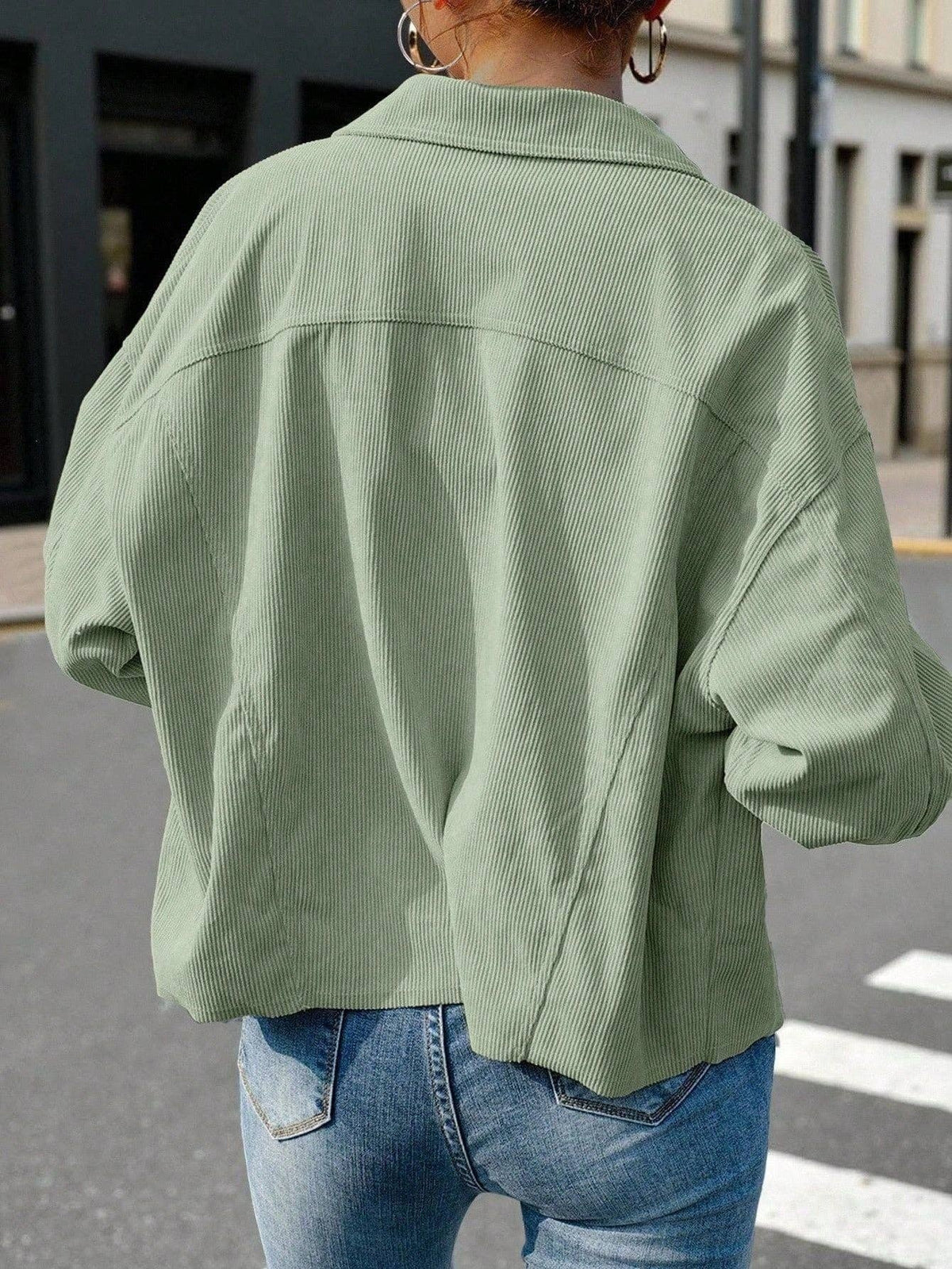 Solid Corduroy Jacket Casual Oversized Button Front: Light Green