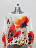 CCOQ White Red Poppy Floral Round Knit Printed Sweater