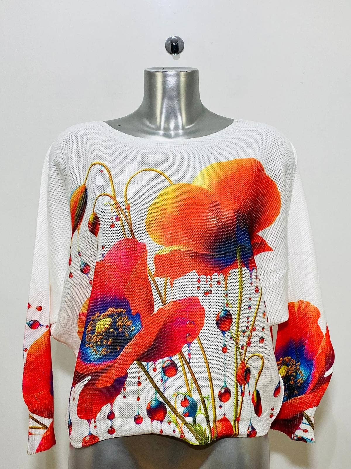 CCOQ White Red Poppy Floral Round Knit Printed Sweater