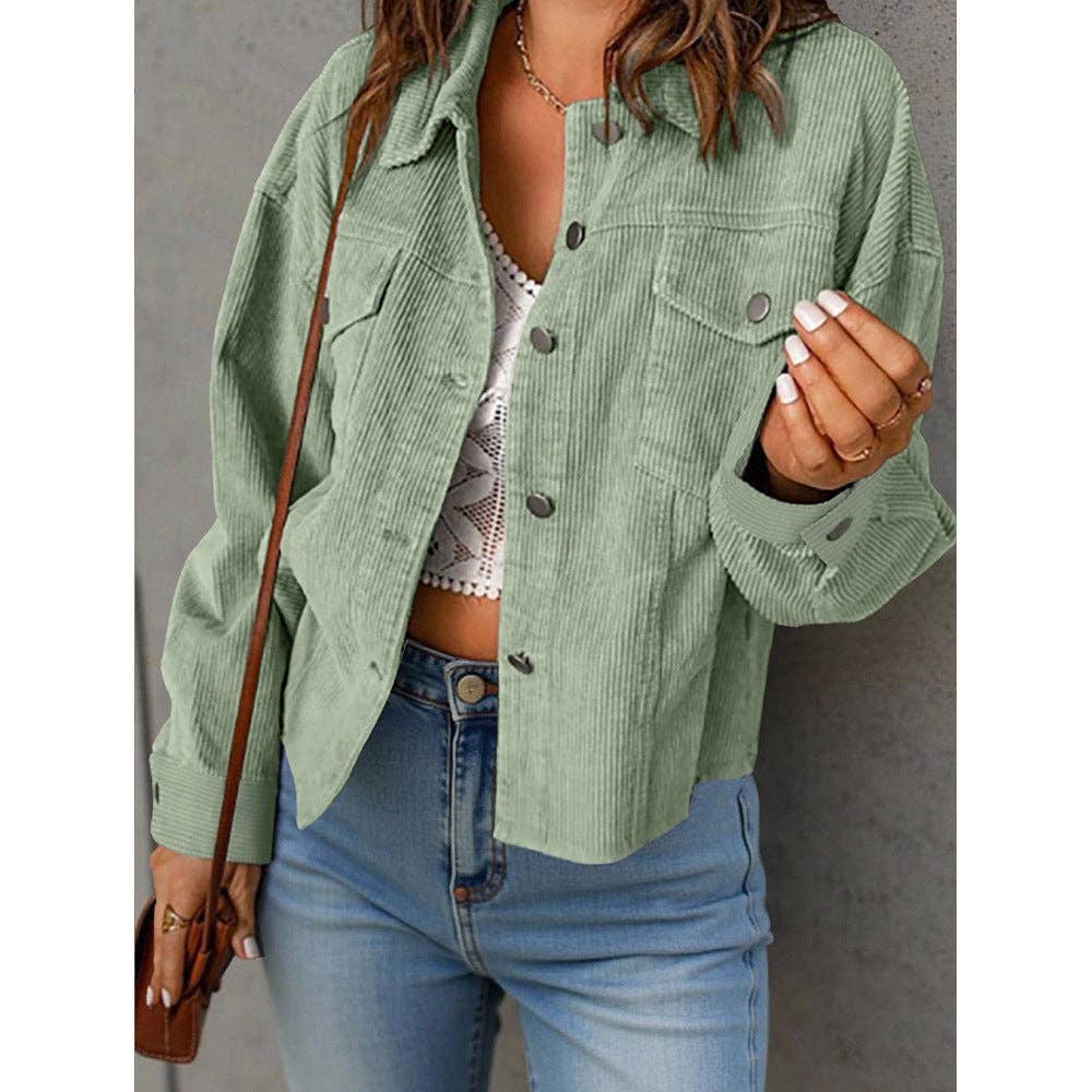 Solid Corduroy Jacket Casual Oversized Button Front: Light Green