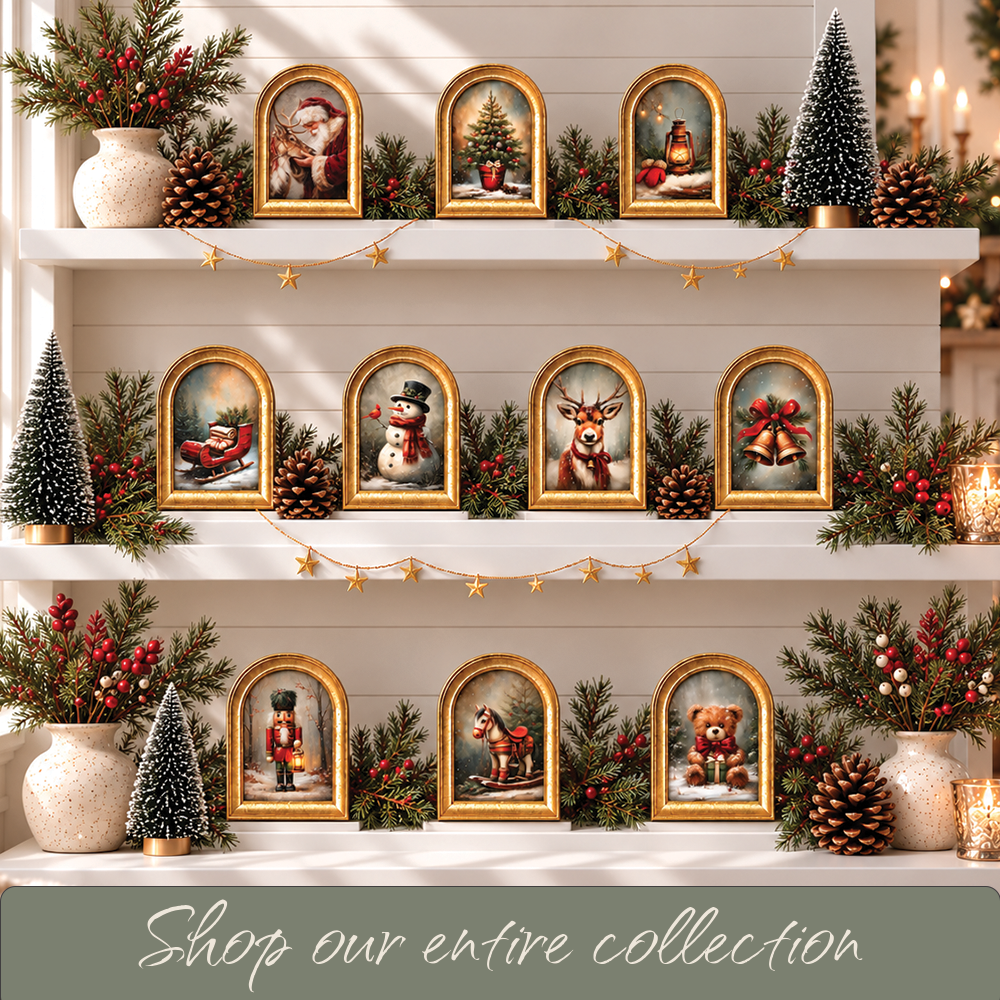 Gold Arch Framed Storybook Christmas Snowman Art Print