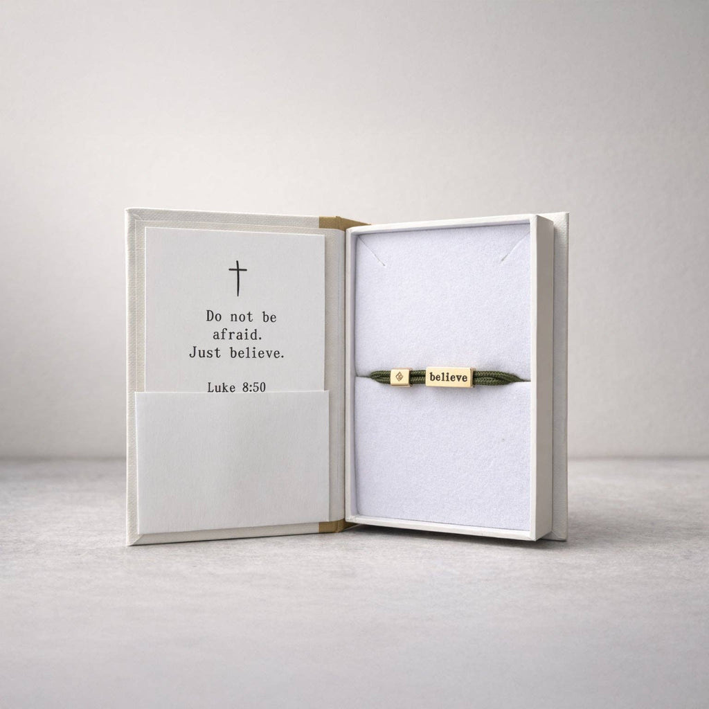 Sentiment Bracelet – Believe | Olive Green Cord