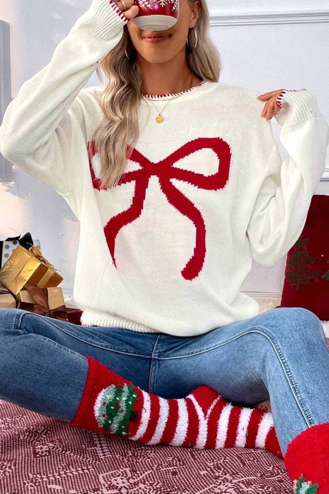 Red Bow Sweater with Red Stitching