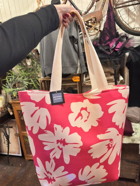 Large Tote Bag- Pink and White Floral- CLEARANCE