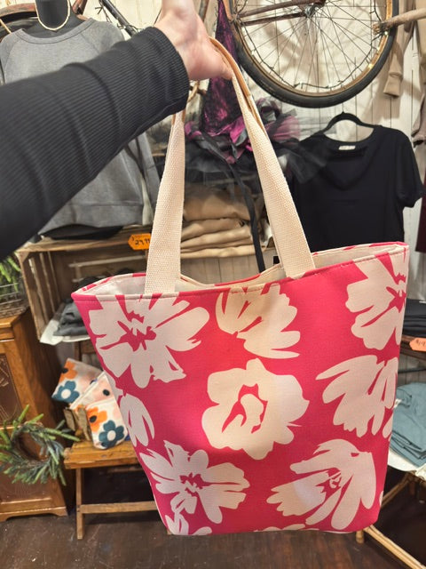 Large Tote Bag- Pink and White Floral- CLEARANCE