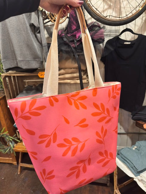 Large Tote Bag- Pink and Orange Leaf Design- CLEARANCE