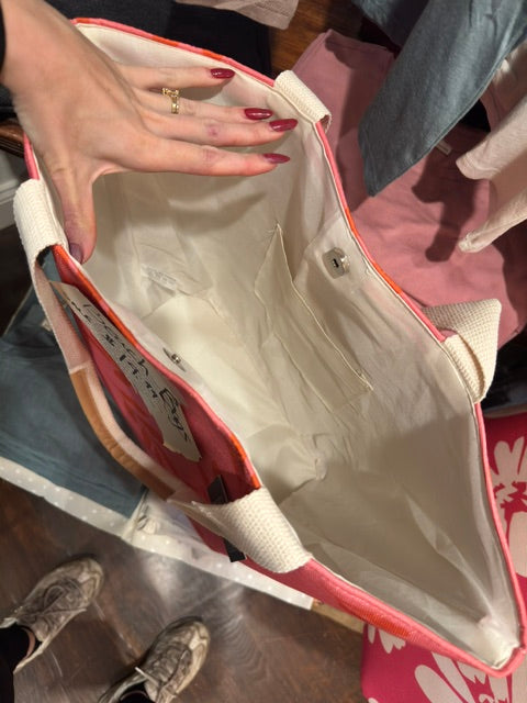 Large Tote Bag- Pink and Orange Leaf Design- CLEARANCE