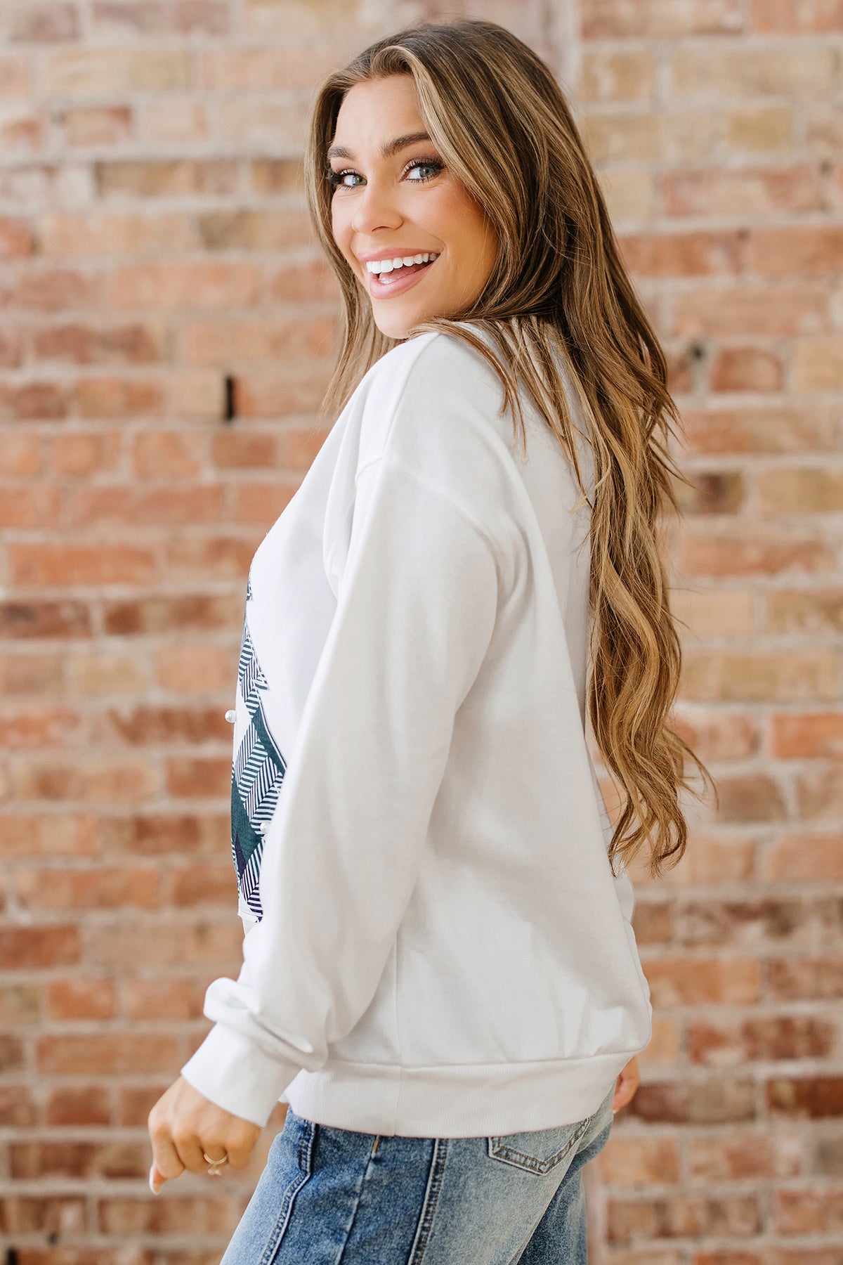White Pearl Plaid Tree Sweatshirt