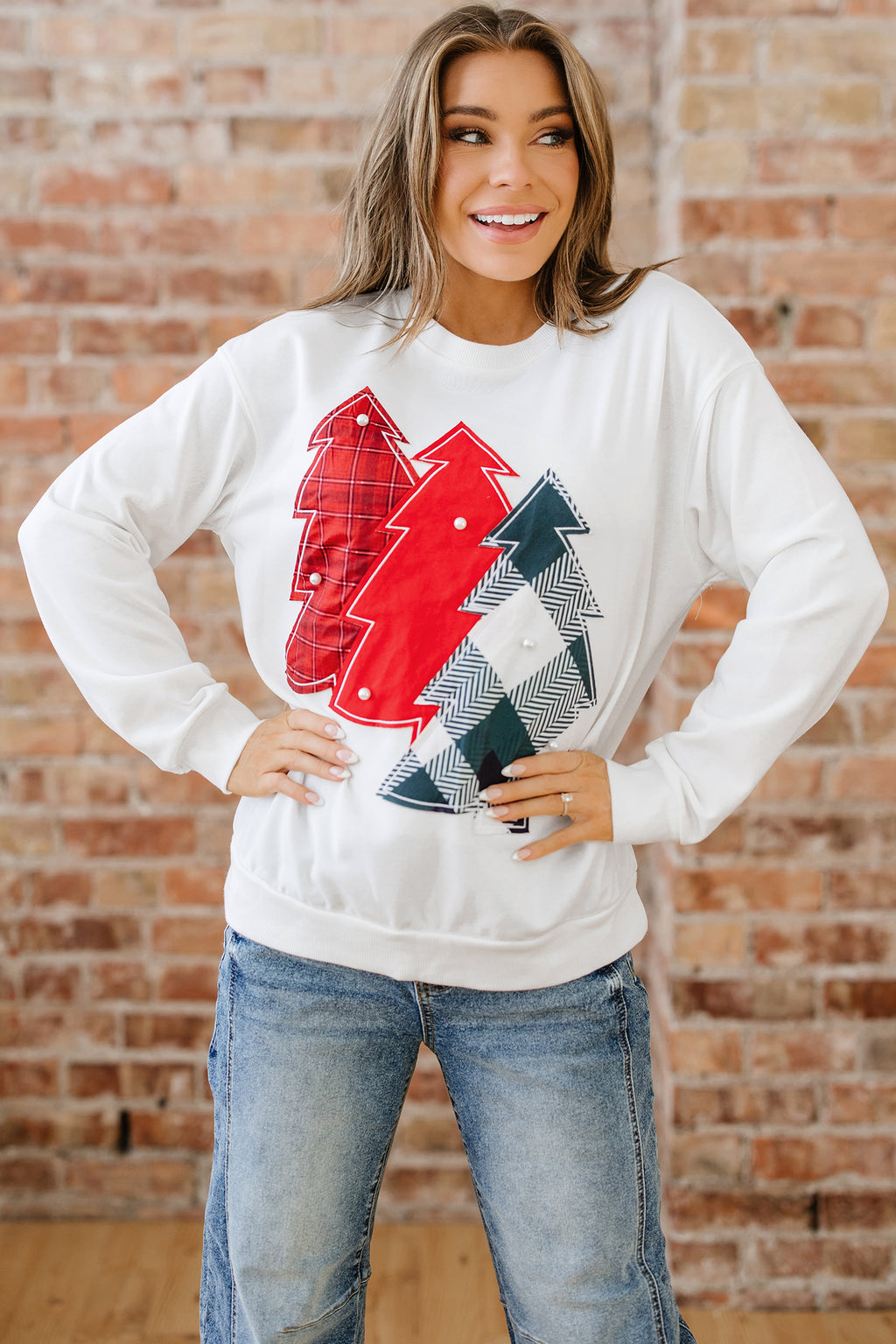 White Pearl Plaid Tree Sweatshirt
