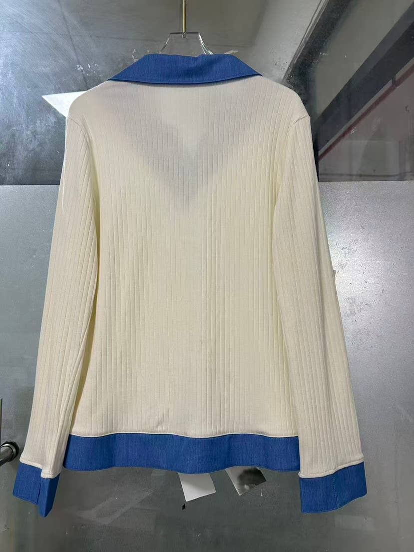 White Denim Collar False Two‑Piece Ribbed Long Sleeve Blouse
