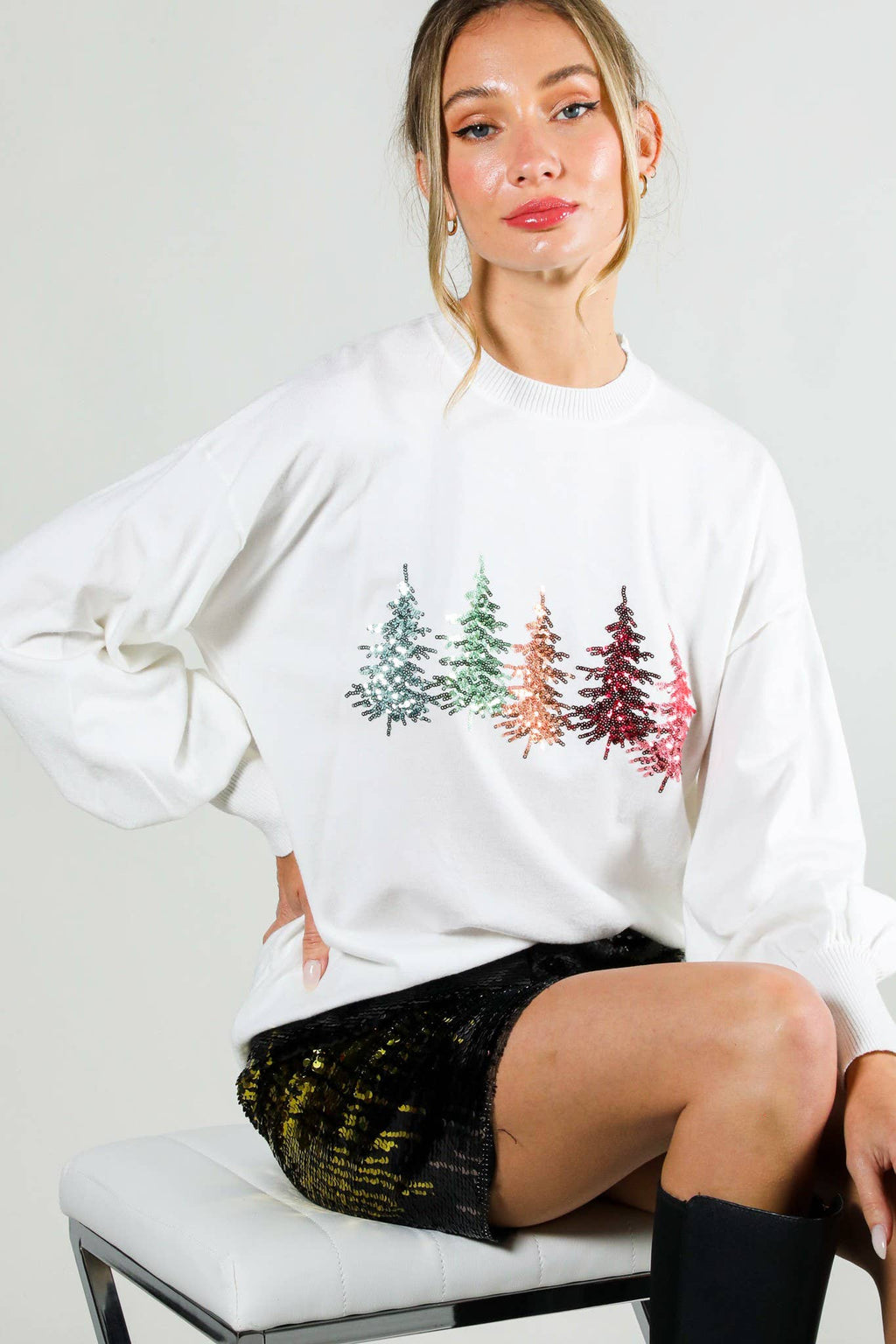 Christmas Tree Sequin Accent Knitted Sweater: OFF WHITE