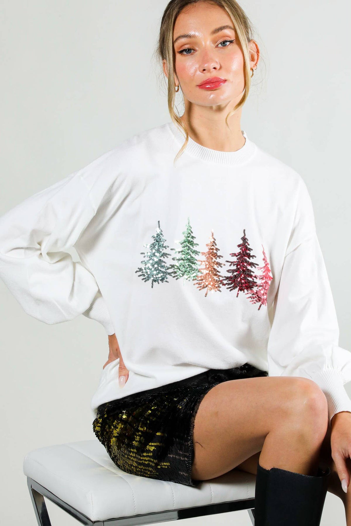 Christmas Tree Sequin Accent Knitted Sweater: OFF WHITE