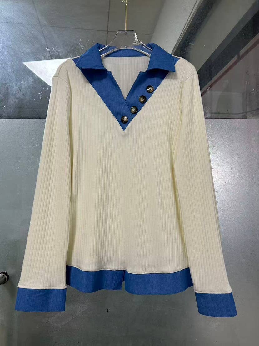 White Denim Collar False Two‑Piece Ribbed Long Sleeve Blouse