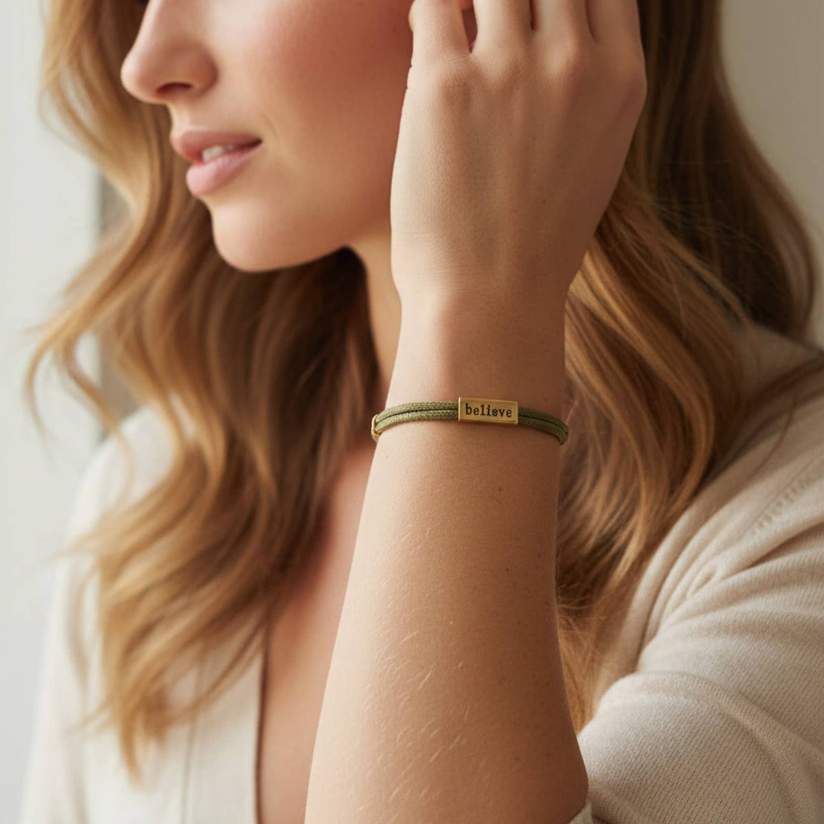Sentiment Bracelet – Believe | Olive Green Cord