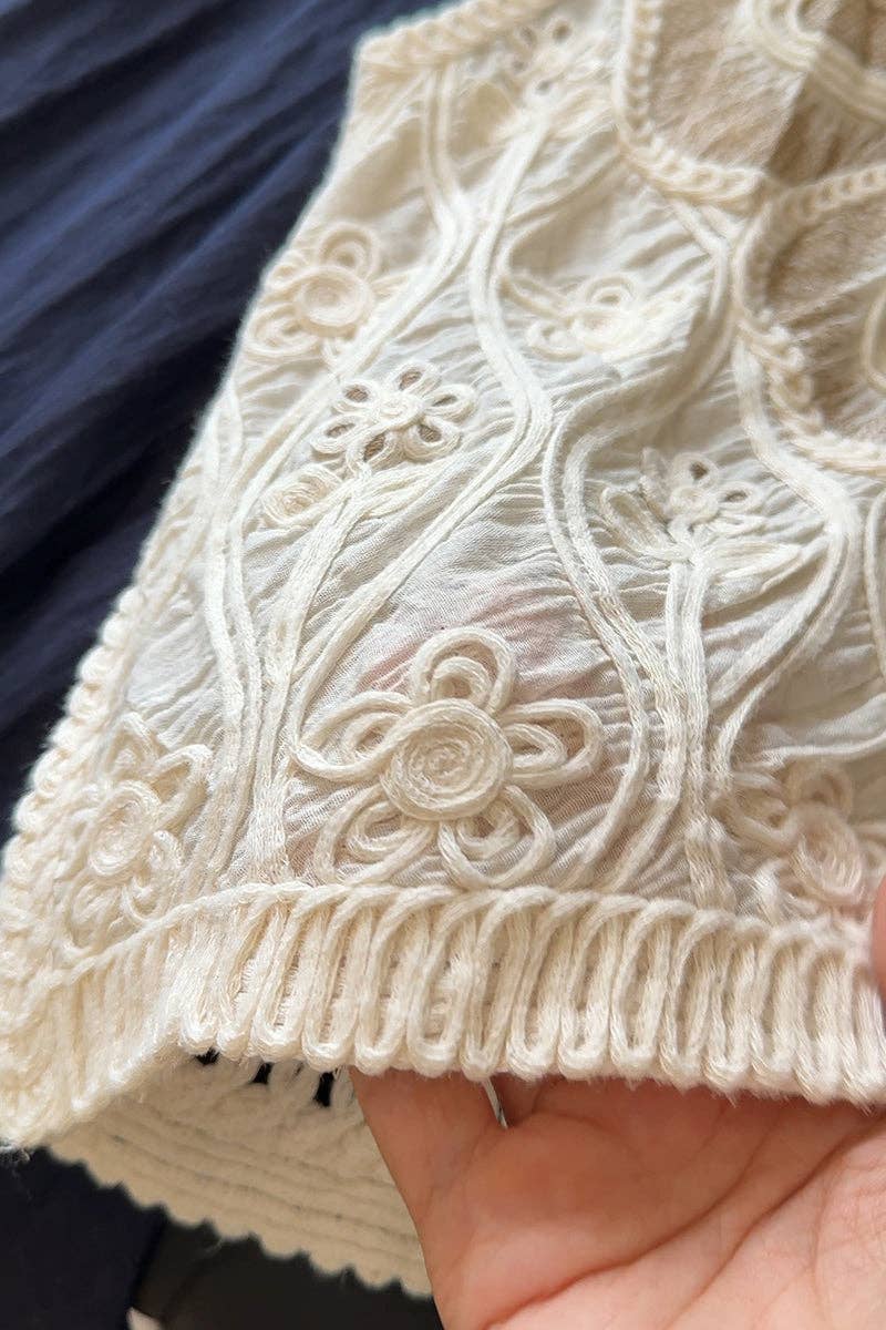 Buttoned Lace Top with Crochet Details: BEIGE / One Size