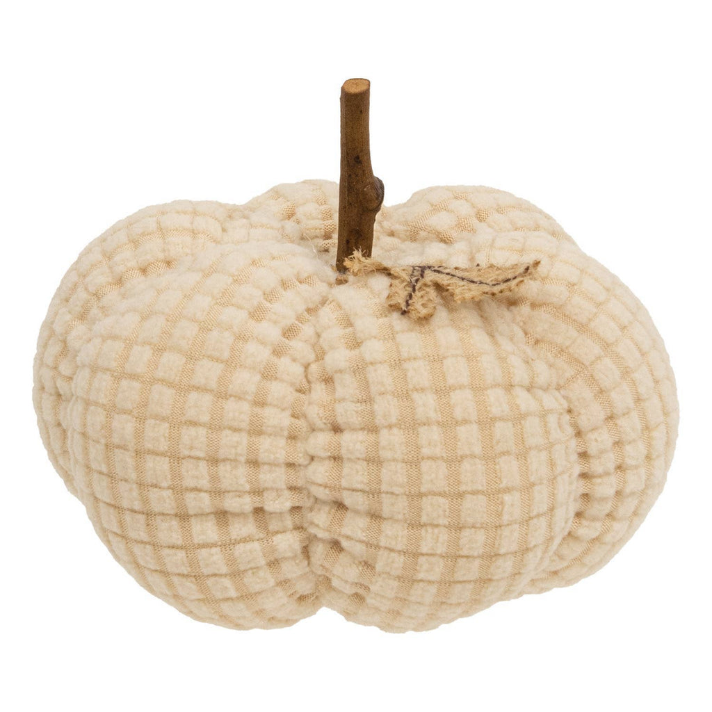 Ivory Waffle Weave Pumpkin w/Burlap Leaves - 4.75" dia.