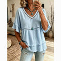 Boho Eyelet Trim V Neck Ruffle Sleeve Blouse: Light Blue