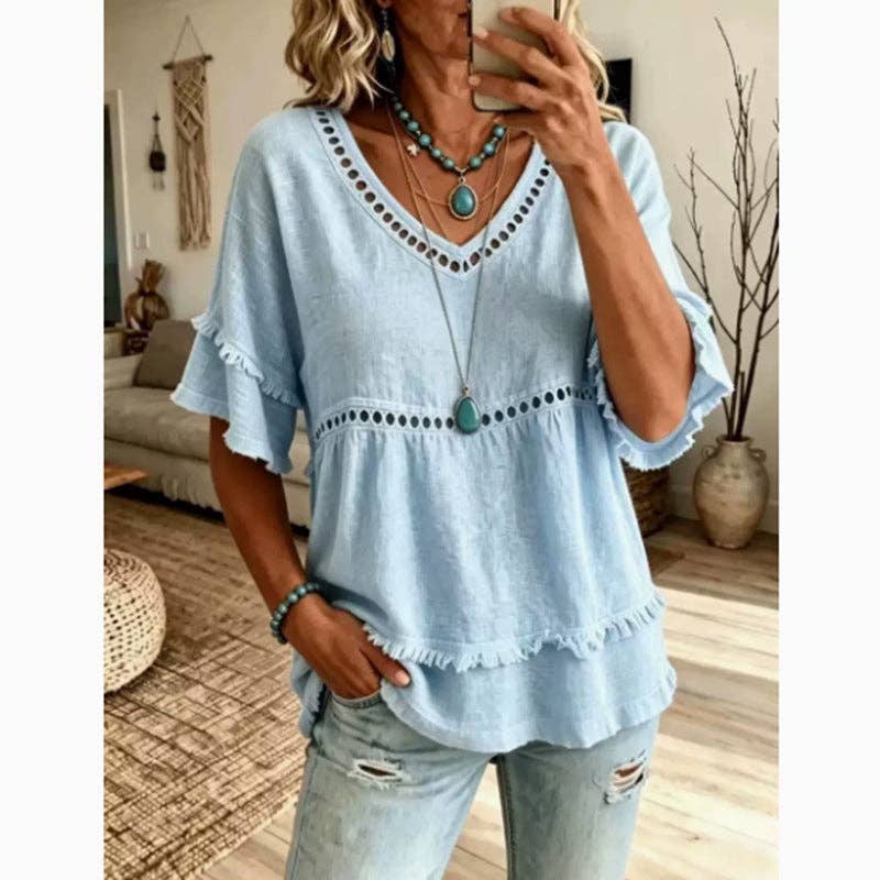Boho Eyelet Trim V Neck Ruffle Sleeve Blouse: Light Blue