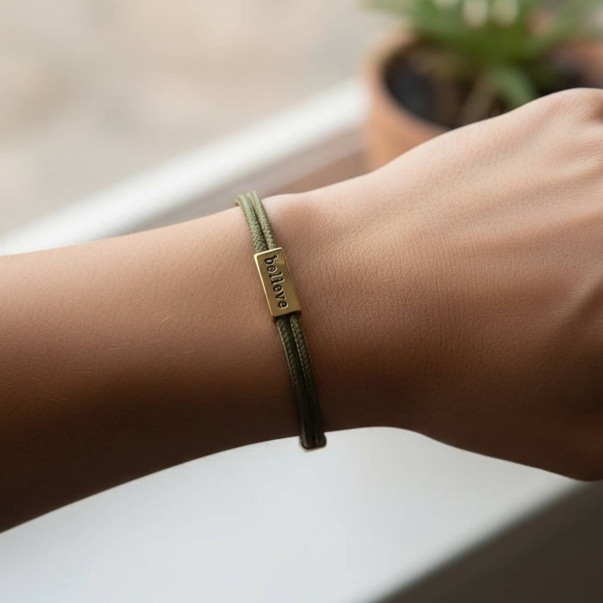 Sentiment Bracelet – Believe | Olive Green Cord