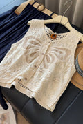 Buttoned Lace Top with Crochet Details: BEIGE / One Size