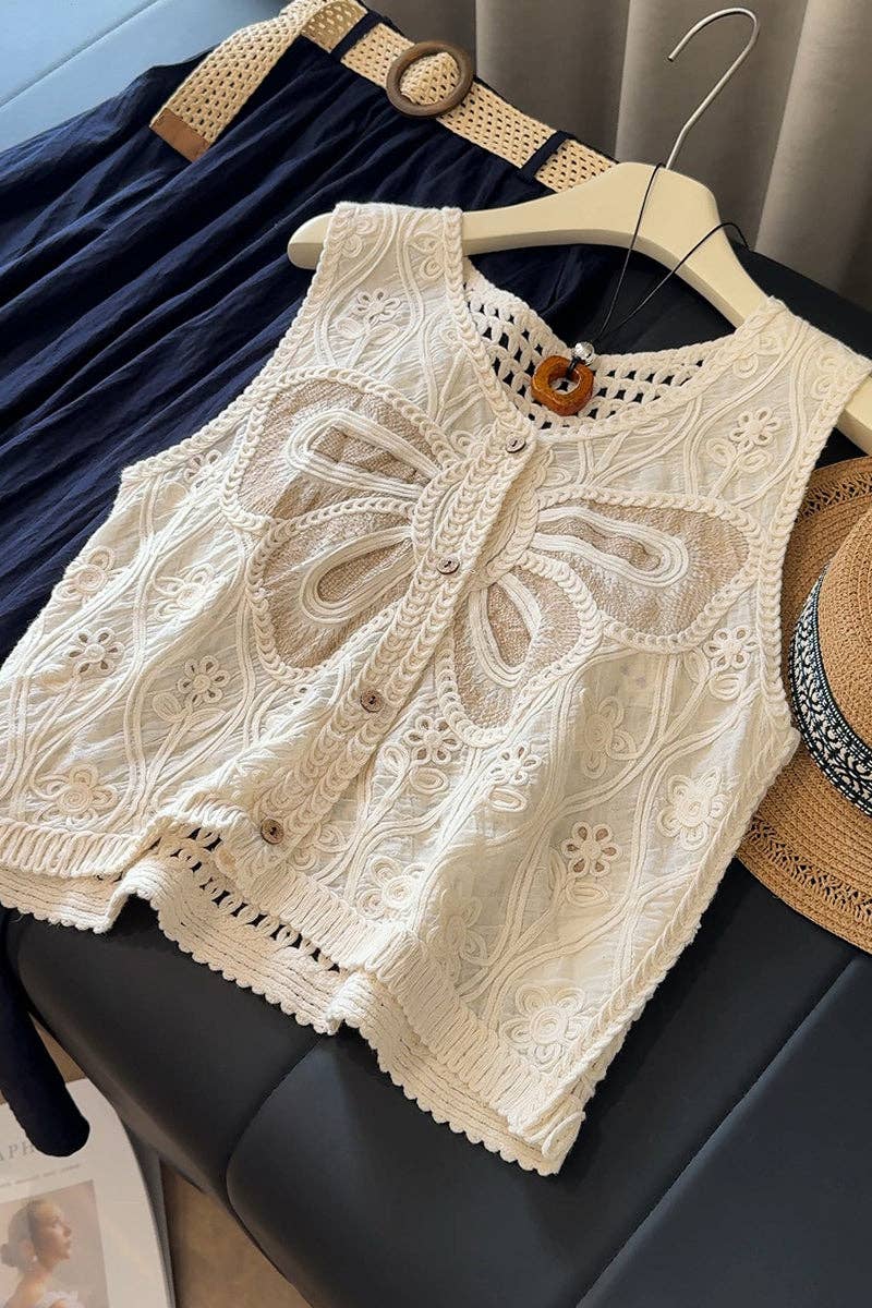 Buttoned Lace Top with Crochet Details: BEIGE / One Size