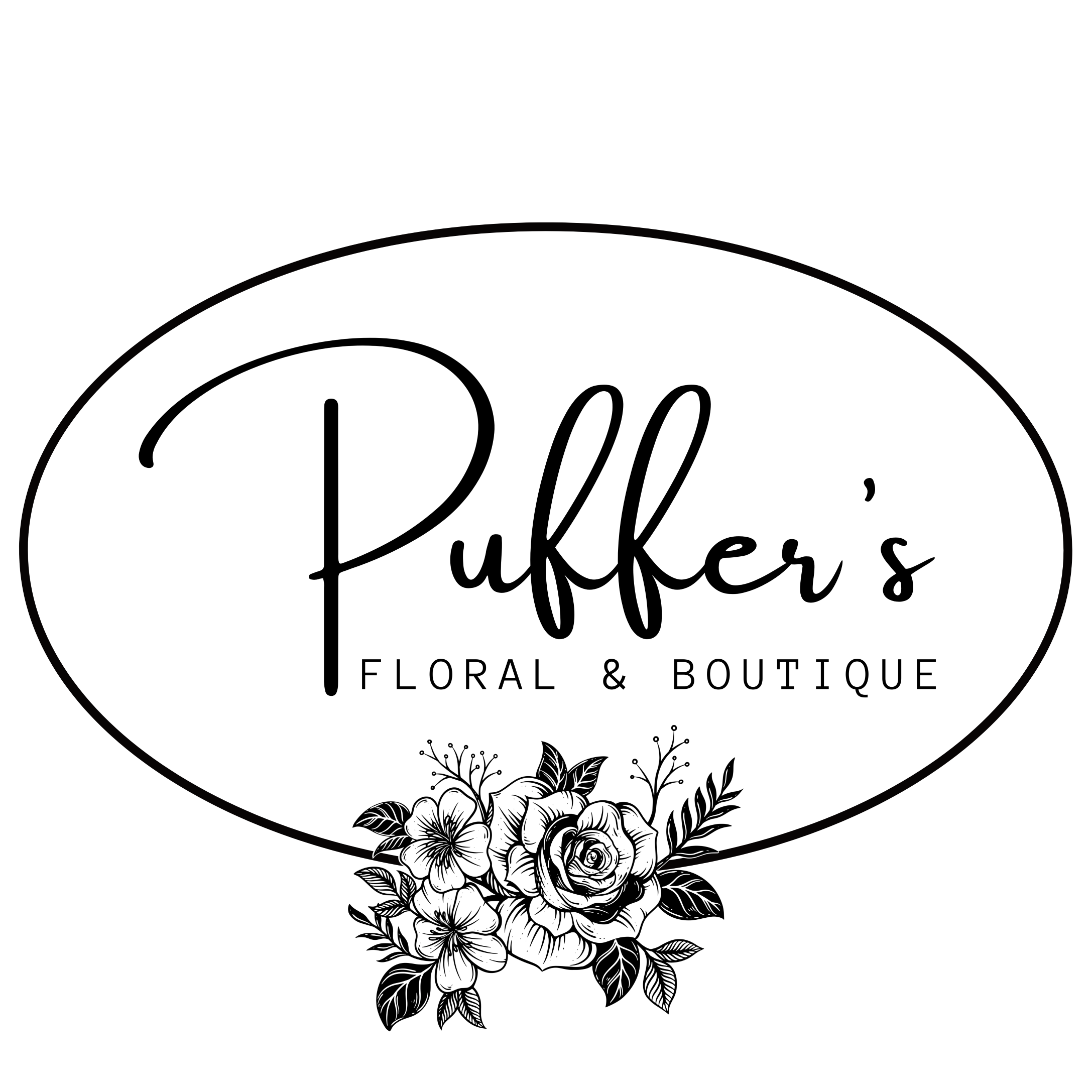 Black and white logo for Puffer's Floral & Boutique, featuring a black oval outline with the brand name in script and floral illustrations at the bottom, on a solid white background.